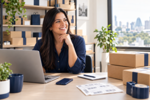 Vendedora usando certificado digital para Shopee no notebook para emitir nota fiscal e enviar pedidos