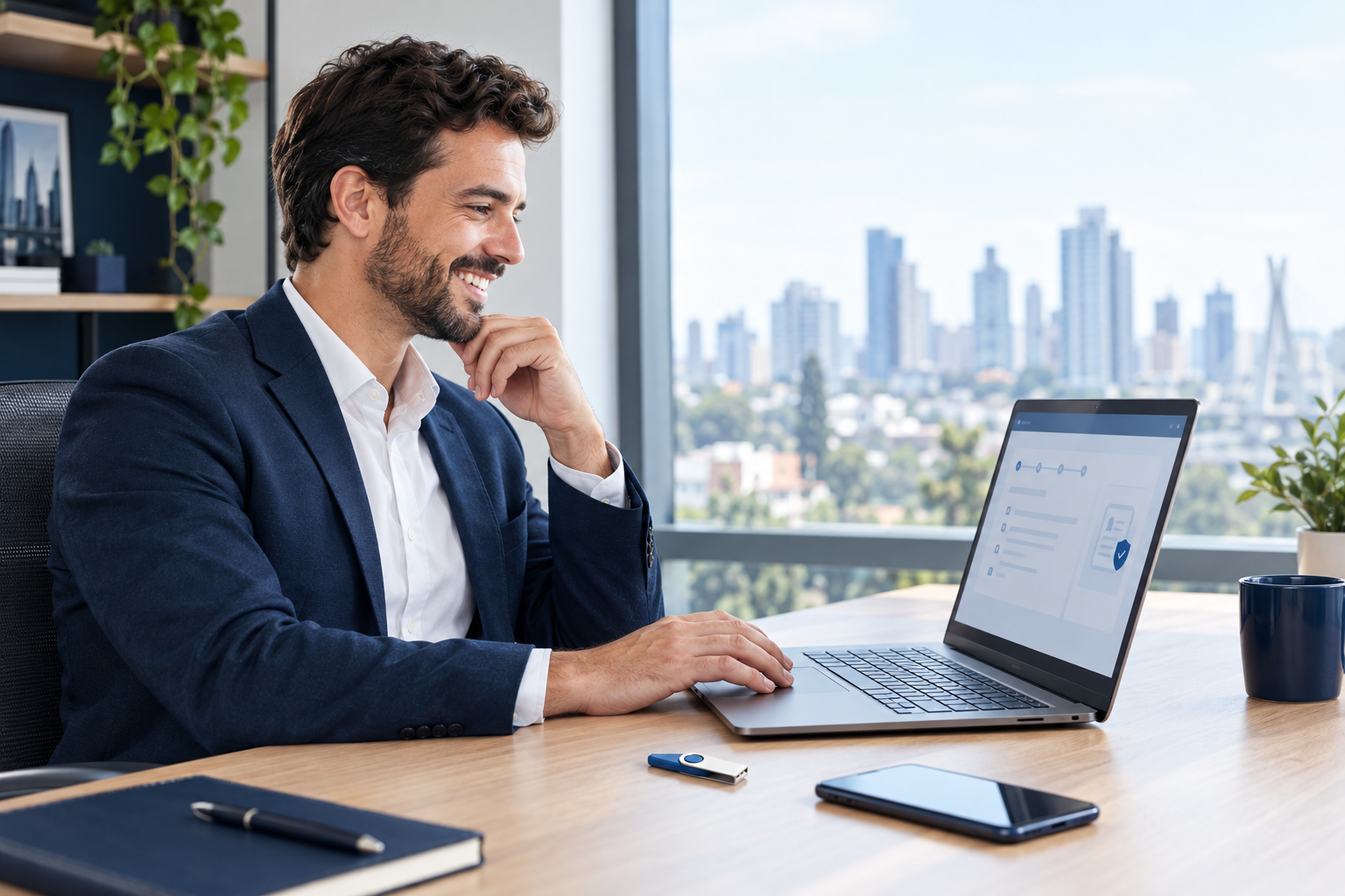 Empresário usando a Emissão Fast Safeweb no notebook para renovar o e-CNPJ, com token e celular sobre a mesa
